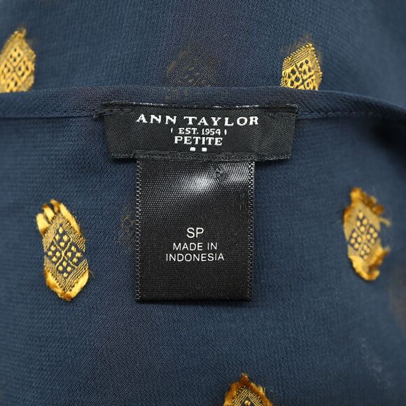 Ann Taylor Top Petites SP PS Navy Blue Sheer Blouse Gold Medallions Embroidery - Picture 3 of 14